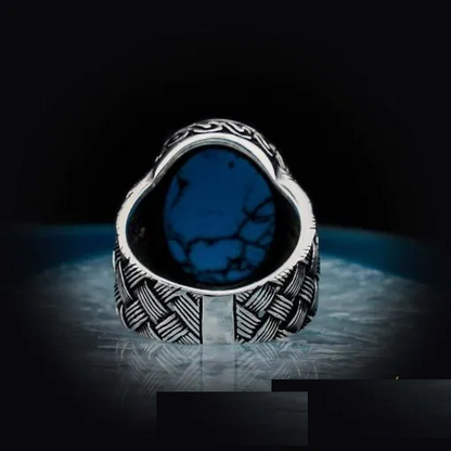 Oval Turquoise Knitted Silver Men Ring