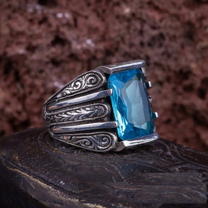 Rectangle Aqua Blue Zircon Hand Engraved