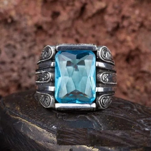 Rectangle Aqua Blue Zircon Hand Engraved