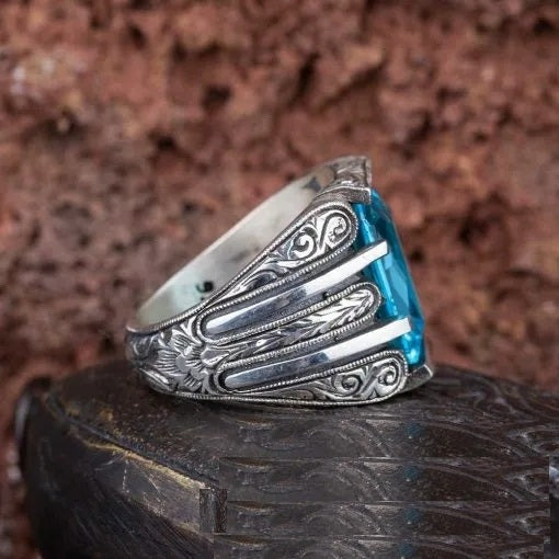 Rectangle Aqua Blue Zircon Hand Engraved