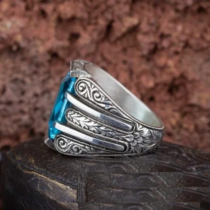 Rectangle Aqua Blue Zircon Hand Engraved