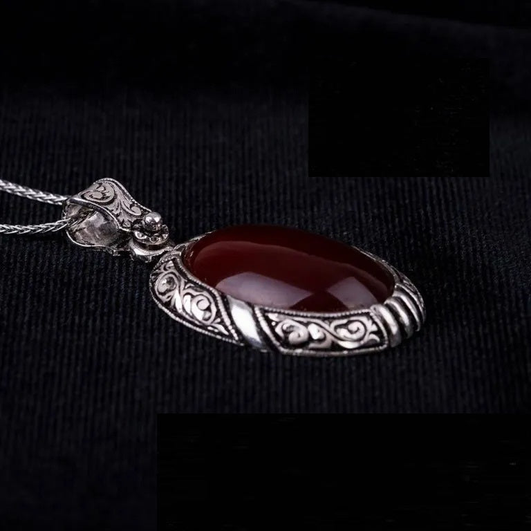 Red Yemeni Aqeeq D Shape Hand Engraved Pendant