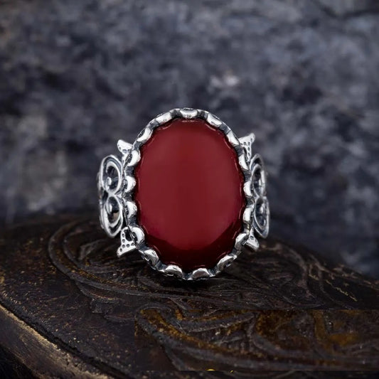 Red Yemeni Aqeeq D Shape Handcraft Women Ring