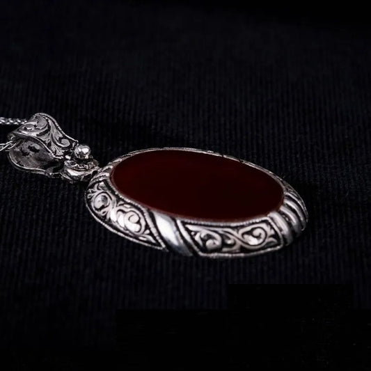 Red Yemeni Aqeeq Flat Hand Engraved Pendant