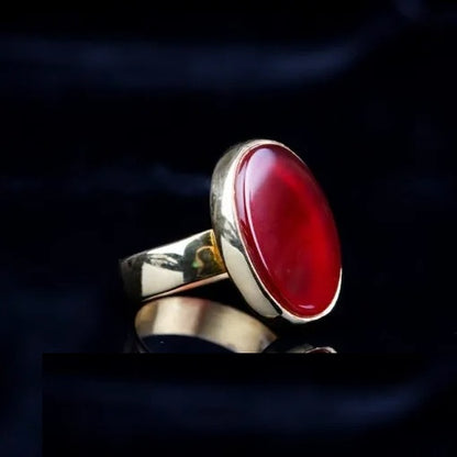 Red Yemeni Aqeeq Gold Plated Plain Band Women Ring