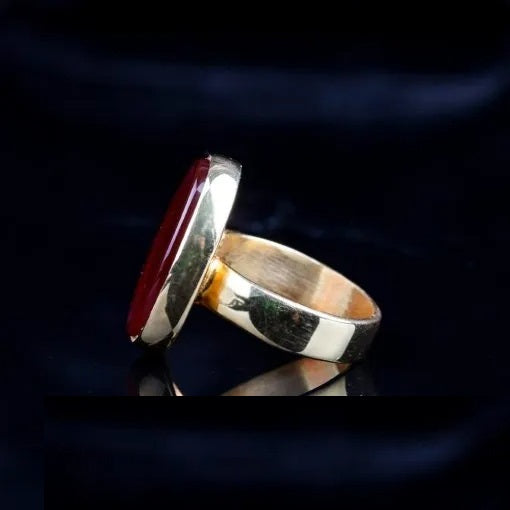 Red Yemeni Aqeeq Gold Plated Plain Band Women Ring