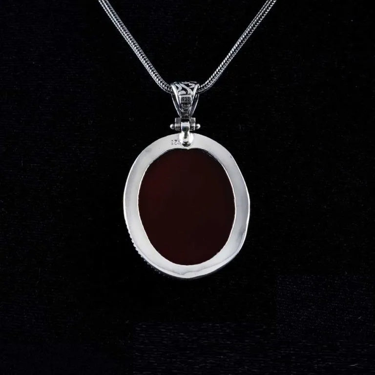 Red Yemeni Aqeeq Oval Silver Pendant