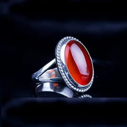 Red Yemeni Aqeeq Plain Band Silver Women Ring