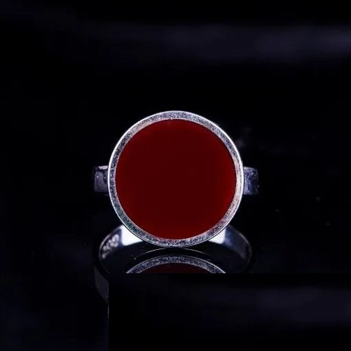 Red Aqeeq Silver Plain Band Women Ring