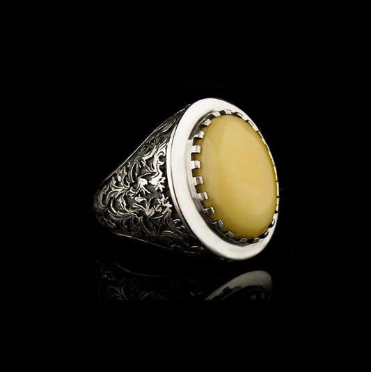 Savoy Collection Yellow Amber Hand Engraved Ring