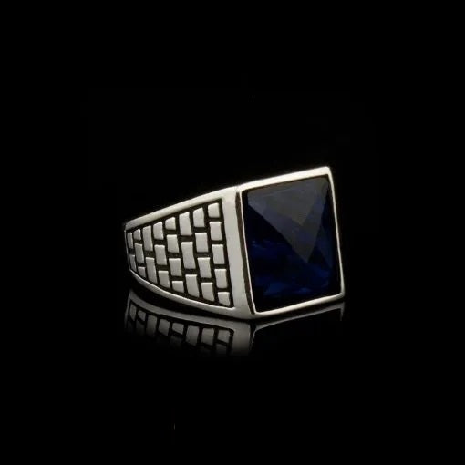 Square Faced Cut Blue Zircon Classic Silver Men Ring