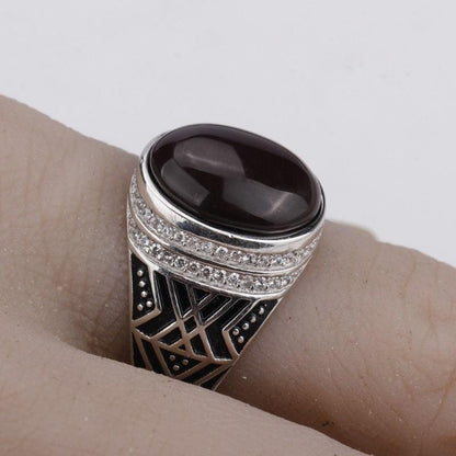 925 Sterling Silver with Dark Brown Agate Stone with Clear CZ Men Ring NS3 IS2 IS1 VAL1