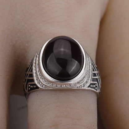 925 Sterling Silver with Dark Brown Agate Stone with Clear CZ Men Ring NS3 IS2 IS1 VAL1